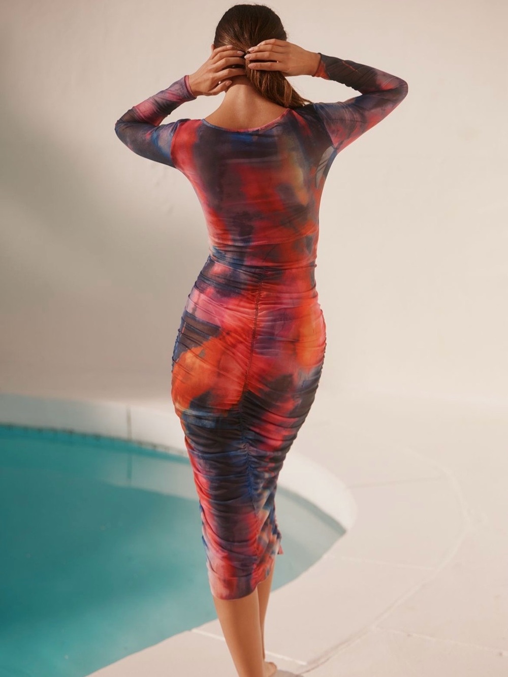 Celandine Long-Sleeve Ruched Mesh
Midi Dress
